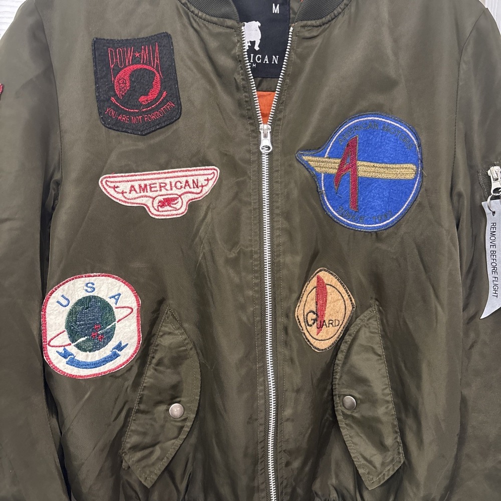 American Stitch Military Bomber Jacket Aviation Patches Ruched Sz M Green Unisex - Picture 3 of 8
